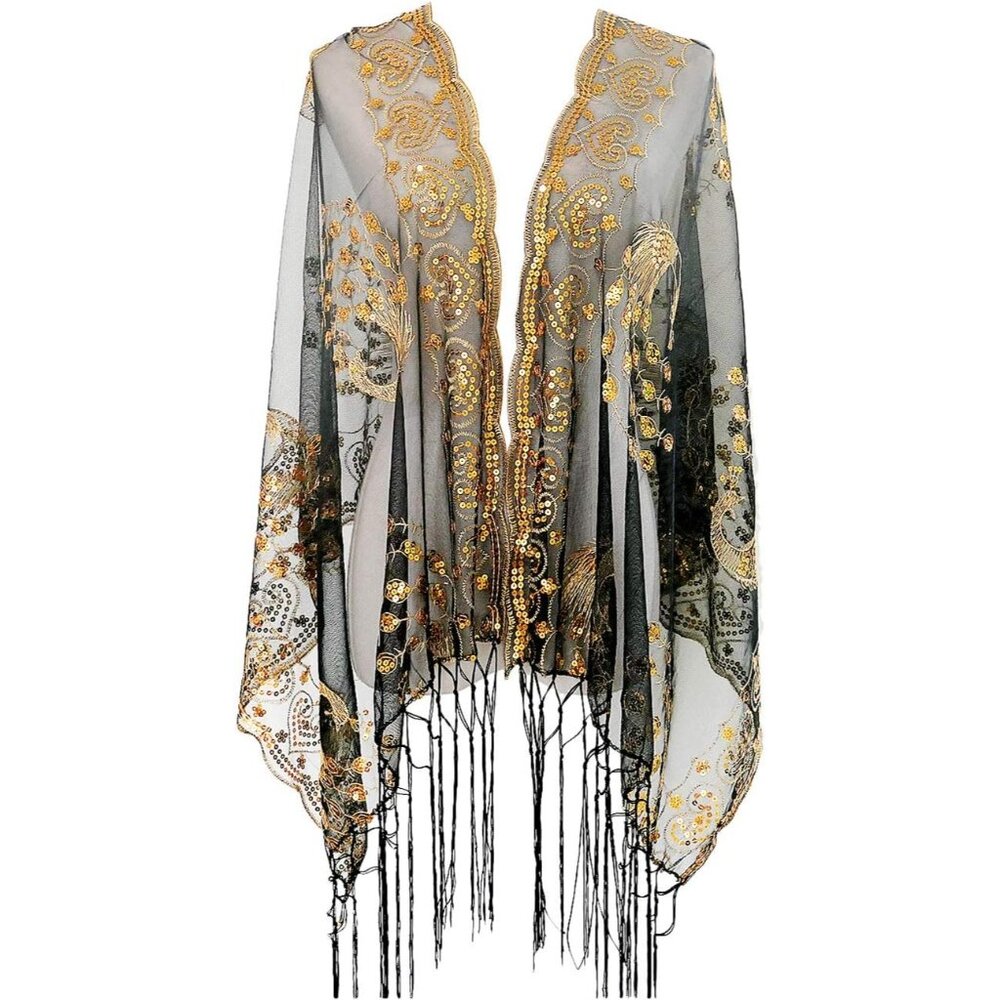 WOMEN'S 1920s Sequined Shawl Wraps - blackgold